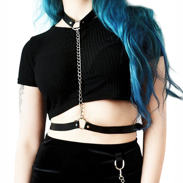 Faux Leather Body Harness With Chain / Unisex Bondage BDSM Necklace / Erotic Waist Belt - EVE's SECRETS